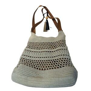 The Sak Beige Crochet Tote Bag With Leather Straps & Tassels Imperfect 14x15